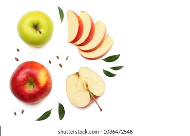 green and red apples with slices isolated on white background. top view