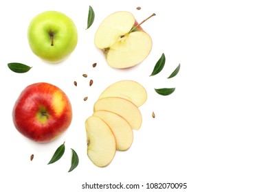 green and red apples with slices isolated on white background. top view