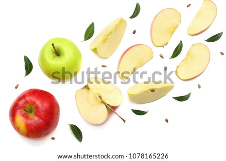 green and red apples with slices isolated on white background. top view