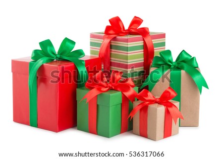 green and red gift box with a ribbon and a bow isolated.