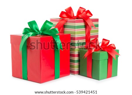 green and red gift box with a ribbon and a bow isolated