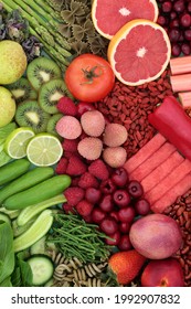 Green And Red High Fibre Food For For Good Digestive Health With Fruit, Vegetables And Pasta. Foods Also High In Antioxidants, Minerals, Lycopene, Smart Carbs And Vitamins. Health Care Concept. 