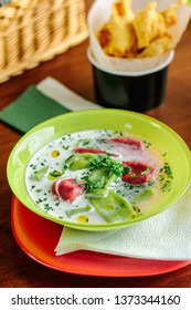 Green And Red Ravioli In Soup For Kids.