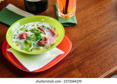 Green And Red Ravioli In Soup For Kids.