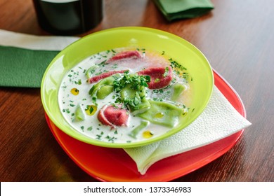 Green And Red Ravioli In Soup For Kids.