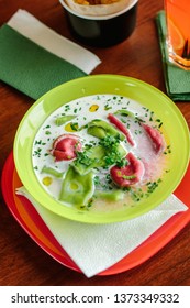 Green And Red Ravioli In Soup For Kids.