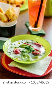 Green And Red Ravioli In Soup For Kids.