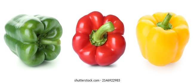 Green, red and yellow bell pepper isolated on white  - Shutterstock ID 2146922983