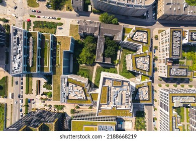 Green Residential Settlement In A European City Seen From A High Angle Aerial Perspective. Housing And Family Concept. High Quality Photo