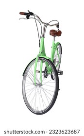 Green retro bicycle with brown saddle and handles, generic bike front view