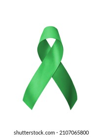 Green ribbon for gallbladder and bile duct cancer awareness month in February, bipolar disorder, mental health illness with kelly green bow isolated on white background with clipping path 