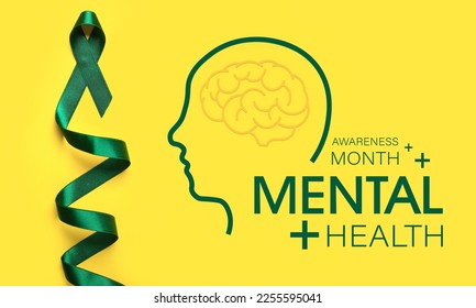 Green ribbon and text MENTAL HEALTH AWARENESS MONTH on yellow background