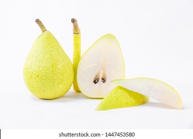 Green And Ripe Pear - Freshly Harvested Pear - Whole Pear And Sliced Isolated On A White Background