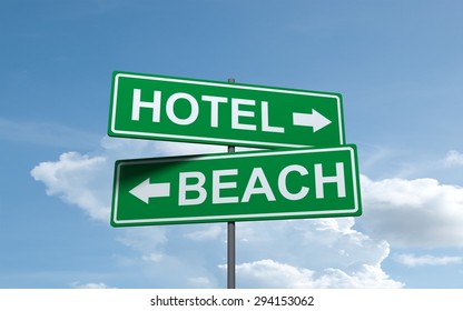 Green Road Sign Of Beach And Hotel Directions Arrow On Sky Background