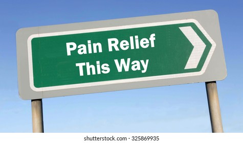 Green Road Sign With The Message Of Pain Relief This Way Concept Against A Blue Sky Background