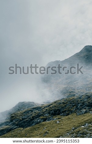 Green rock mountain landscape in the fog