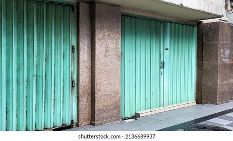 Green Rolling Door At A Closed Shop