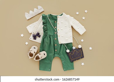 Green Romper With Knitted Jumper, Kids Handbag, Cotton Crown And Baby Boots. Set Of  Baby Clothes And Accessories. Fashion Childs Outfit. Flat Lay, Top View