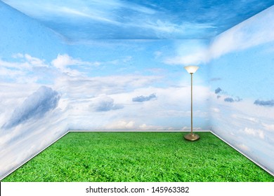 Green room interior with grass floor and sky walls clouds