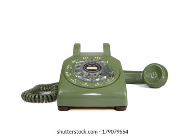 Green Rotary Phone Off The Hook Isolated On White