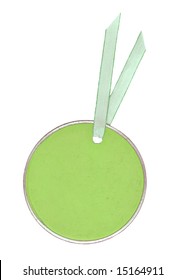 Green, Round Tag With Gold Ribbon Blank For Your Own Text.