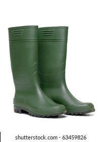 Green rubber boots isolated on white background.