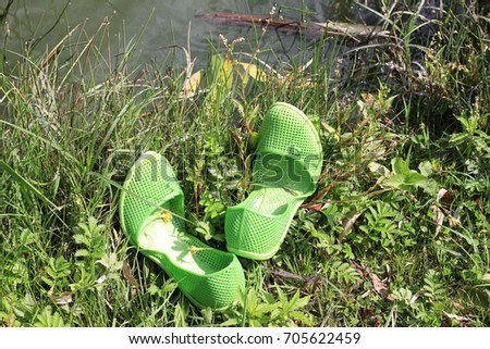 Green rubber women's Slippers hastily dumped on the banks of the river on a hot summer day