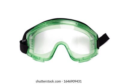 Green Safety Glasses Isolated On A White Background. Industrial Protective Wear.