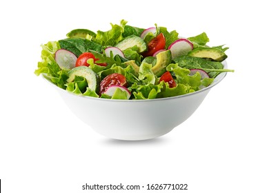 Green Salad With Avocado, Tomato And Fresh Vegetables Isolated On White Background