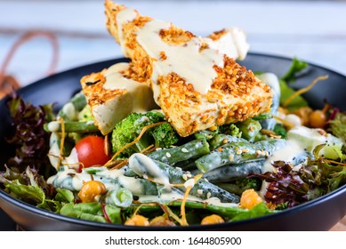 Green Salad, Beans, Broccoli, Snap Peas With Miso Yoghurt Dressing And Grilled Dukkha Tofu