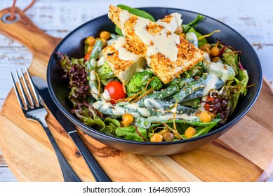 Green Salad, Beans, Broccoli, Snap Peas With Miso Yoghurt Dressing And Grilled Dukkha Tofu