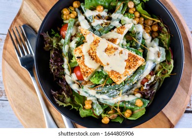 Green Salad, Beans, Broccoli, Snap Peas With Miso Yoghurt Dressing And Grilled Dukkha Tofu