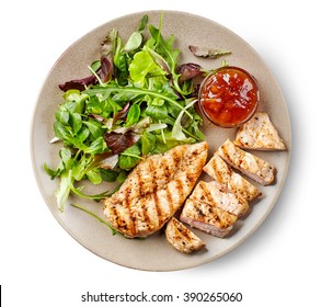 Green Salad And Grilled Chicken Fillet On Plate Isolated On White Background, Top View