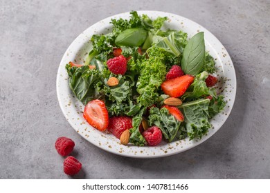 Green Salad With Kale Salad, Basil, Strawberry, Raspberry And Nuts