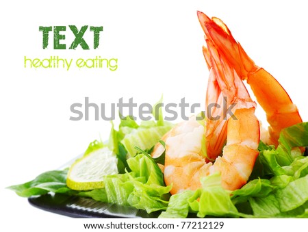 Green salad with shrimps, border isolated on white background, healthy eating concept
