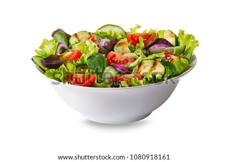 Green salad with tomato and fresh vegetables isolated on white background 2/29 image series