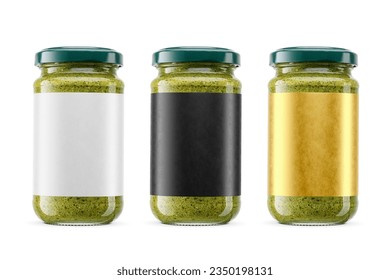 Green sauce pesto in glass jars with metal twist off lid and blank label isolated on a white background. - Powered by Shutterstock