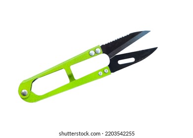 Green Scissors For Cutting Thread Isolated On A White Background With A Clipping Path