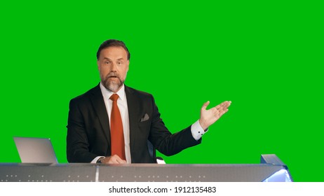 Green Screen Background: Live News Studio With Professional Male Anchor Reporting On The Events Of The Day. Television Channel Newsroom Concept. Chroma Key Template Background