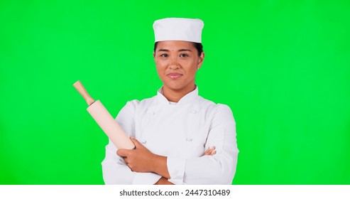 Green screen, baker and woman face with hand pointing and rolling pin in studio for checklist or info on mockup background. Portrait, chef and asian female showing steps, checklist or how to menu - Powered by Shutterstock