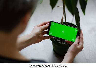 Green Screen And Chroma Key. Caucasian Woman Holding Mobile Phone With Greenscreen Of Chromakey Mockup With Tracking Markers. Woman Is Resting At Home And Watching Phone.