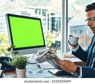 Green screen, computer and business man drinking coffee and reading newspaper in office with mockup space. Tea, news reporter and person at work with info, update and anchor check corporate article - Powered by Shutterstock