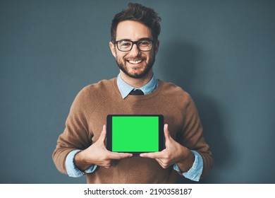 Green Screen, Copy Space And Chroma Key On Tablet Monitor For Website, Marketing And Promotion. Portrait Of Smiling, Happy And Excited Web Designer Showing New Webpage And App On Technology In