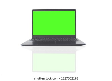 Green Screen Display Laptop Isolated On White Background(focus Selection).