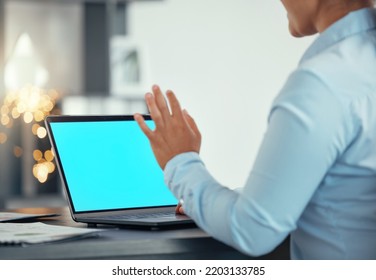 Green Screen On Laptop, A Woman Uses Hand To Test Video Quality And Starts Streaming Meeting With 5g Technology. Helping Global Online Communication For Staff, Stable Internet Connection And Teamwork