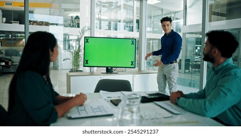 Green screen, presentation and business people in office for meeting with online feedback, project and review. Corporate, monitor and workers with mockup space for conference, seminar and discussion - Powered by Shutterstock