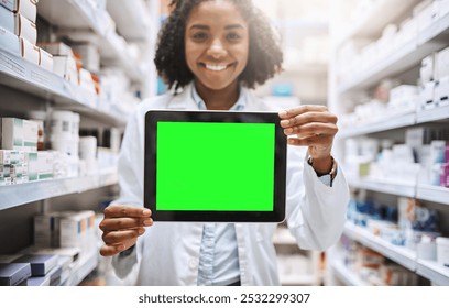 Green screen, smile and tablet with black woman in pharmacy for medical advertising or marketing. Display, healthcare and mockup space with pharmacist person in drugstore for prescription medication - Powered by Shutterstock