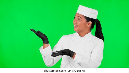 Green screen, woman face and chef hand pointing to checklist, menu and offer on mockup background. Bakery, portrait and asian female baker with checklist, promo and coming soon, info or launch deal - Powered by Shutterstock