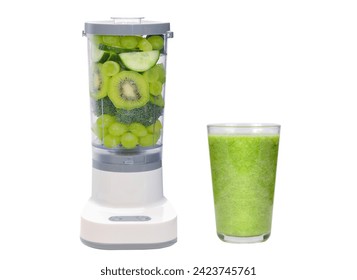 Green shake drink concept , mixed fruit and vegetable in blender preparing for making green smoothie with a glass of green smoothie after blend for detox dietary, isolated clipping path on white.  - Powered by Shutterstock