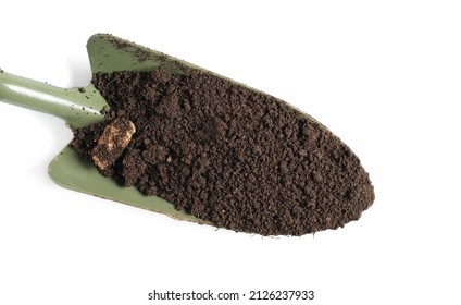 Green Shovel, Soil, Dirt Isolated On White, Top View